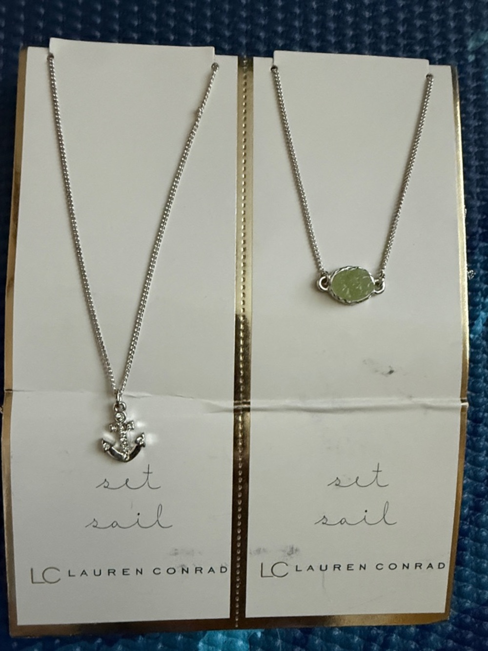LC Lauren Conrad Silver Anchor Necklace & Light Green Stone Pendant Set